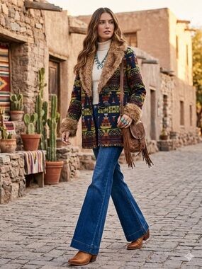 Merigold Kiss Cabincore Boho Faux-Fur Trim Aztec Jacquard Cardigan Jacket M